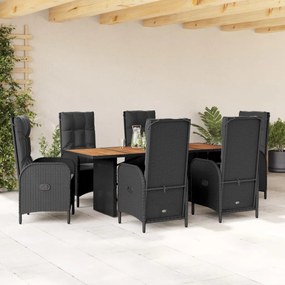 vidaXL 7 pcs conjunto de jantar p/ jardim c/ almofadões vime PE preto