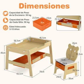 Conjunto de Mesa e 2 cadeiras infantil Secretária 5 em 1 com superfície reversível Quadro branco e preto 4 ganchos Compartimentos Natural