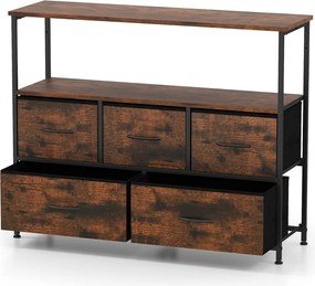 Cômoda para quarto com 5 gavetas 100 × 30 × 80 cm com 2 prateleiras abertas de madeira e estrutura metálica resistente Castanho