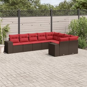 vidaXL 9 pcs conjunto sofás p/ jardim c/ almofadões vime PE castanho