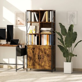 Estante de 6 Níveis Estante de Livros com Compartimentos Abertos 2 Portas Estilo Industrial 75x34x172 cm Castanho Rústico