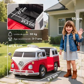 Carro elétrico infantil Volkswagen T1 com licença oficial, 12 V, com 2 motores de arranque suave, 89 x 49 x 41,5 cm, vermelho
