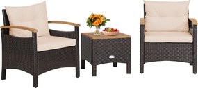 Conjunto de jardim de 3 peças com mesa de café Almofada amovível Apoio de braços em madeira de acácia para jardim Piscina Castanho