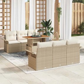 vidaXL Conjunto de Sofá de Jardim de 7 Peças com Almofadas Bege em Rattan Poliéster e Acácia