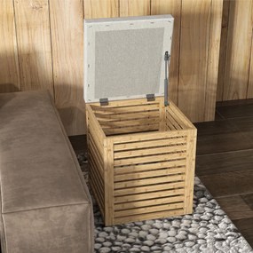 Banco com Armazenamento 57,7L Banco com Arrumação Estofado em Linho Sintético com Estrutura em Bambu 40x40x47 cm Cinza e Madeira