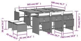11 pcs conjunto jantar p/ jardim c/ almofadões vime PE cinzento