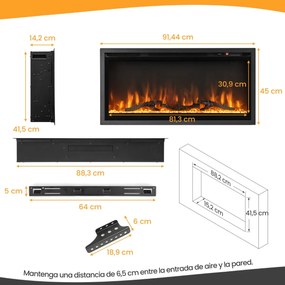 Lareira eléctrica de parede ou de instalação livre com controlo remoto Termóstato Cor e brilho da chama ajustáveis 91,5 x 14 x 45 cm Preto