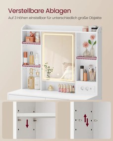 Toucador com espelho LED (BANCO NÃO INCLUIDO) regulável, 2 gavetas 40 x 90 x 145 cm Coleção Kailyn, branca