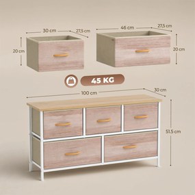 Cómoda com 5 Gavetas de Tecido Cómoda para Quarto Estrutura Metálica 100x30x51.5 cm Madeira e Branco