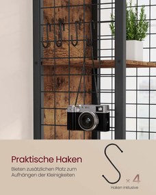 Estante com 5 prateleiras e ganchos em S 30 x 40 x 175,6 cm Castanho vintage + Preto