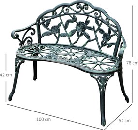 Banco de jardim de 2 lugares 100 x 54  x 78  cm , estilo néo-retro, com padrão de rosas e linhas cónicas, em fundição de alumínio, verde envelhecido