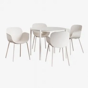 Conjunto De Mesa Redonda Ø110 Cm Em Alumínio Elton E 4 Cadeiras De Jantar Em Polipropileno E Aço Lynette Branco Pedra - Sklum