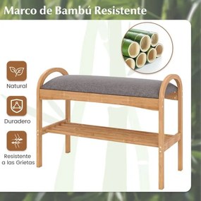 Banco para sapatos em bambu 70 x 31 x 51 cm com 2 níveis com almofada acolchoada e prateleira – ideal para a entrada, corredor, sala de estar e quarto