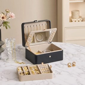 Caixa para joias 17,6 x 22 x 11 cm com duas camadas, espelho e tabuleiro flexível Preta