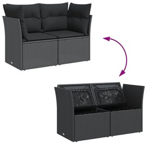 Sofá de jardim com almofadões 2 lugares vime PE preto