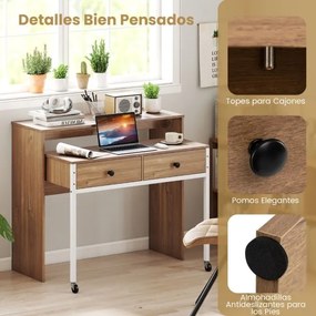 Secretária extensível, mesa pequena para computador com 2 gavetas e rodas 100 x 63 x 88 cm natural