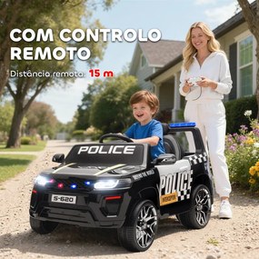 Carro Elétrico para Crianças de Polícia 12V com Motor Duplo Suspensão em 4 Rodas Sirene Faróis LED Porta USB Bluetooth e Música Preto
