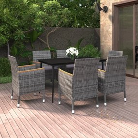 vidaXL 7 pcs conjunto de jantar p/ jardim c/ almofadões vime PE/vidro