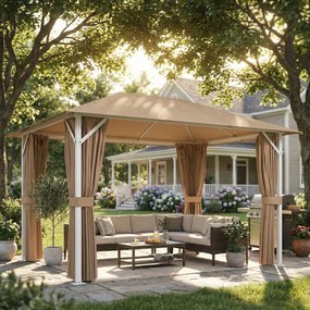 Pergola para Jardim 3x4 m com Telhado Ventilado, 4 Painéis e 4 Mosquiteiras UPF50+ para Exterior, Terraço Caqui
