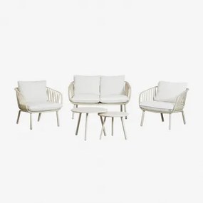 Conjunto De Jardim Com Sofá De 2 Lugares, 2 Poltronas E 2 Mesas De Centro Em Aço E Polipropileno Aradina Crema Linho - Sklum