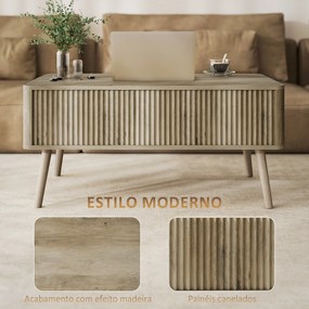 Mesa de Centro Elevatória com Compartimentos Ocultos de Armazenamento e Pés de Pinho 91x56x43 cm cor Carvalho