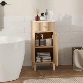 Móvel de casa de banho 36 x 30 x 80 cm, móvel de arrumação com tampo com efeito de mármore e porta com ranhuras, gaveta cor carvalho
