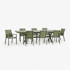 Conjunto De Mesa Retangular Extensível 240-300x100 Cm E 8 Cadeiras De Jardim Empilháveis Com Apoios De Braços Em Alumínio Karena Verde Azeitona Intens