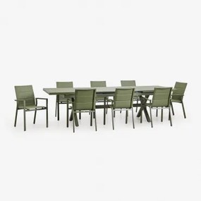 Conjunto De Mesa Extensível Retangular Karena 240-300x100 Cm E 8 Cadeiras De Jardim Empilháveis Com Braços De Alumínio Verde Azeitona Intenso - Sklum