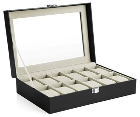 Caixa de relógio SONGMICS com 12 compartimentos, estojo com tampa de vidro, caixa de exibição de relógio com almofadas removíveis, fecho de metal, ideia de presente, couro sintético preto, forro bege esverdeado JWB12BE
