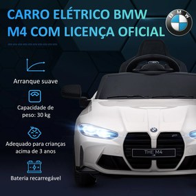 Carro Elétrico para Crianças BMW M4 12V com Controlo Remoto Faróis Buzina Música e Velocidade 3-5 km/h 108x69,5x51 cm Branco