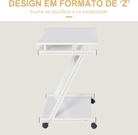 Mesa de Computador com Rodas 60x48 cm com Gaveta Deslizante para Teclado e Prateleira Inferior Estrutura Metálica Branca