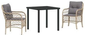 Conjunto de Jantar de Jardim 3 Peças com Almofadas em Rattan Sintético