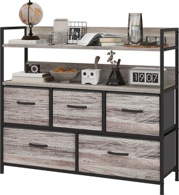Móvel de arrumação de estilo industrial com 5 gavetas em tecido, dobráveis e removíveis, e prateleiras - 98 x 29 x 85 cm