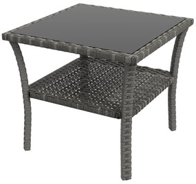 Outsunny Mesa de Vime Quadrada 50x50x45 cm Mesa de Jardim e Prateleira Tampo de Vidro Suporta 30 kg para Terraço Pátio Cinzento