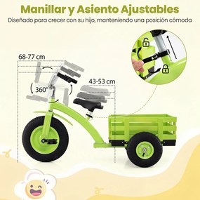 Triciclo Infantil Evolutivo, 117 x 55 x 68 cm, Assento e Guiador Ajustáveis, Verde