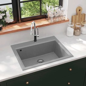 vidaXL Lava-louça cozinha c/ orifício extravasamento granito cinzento