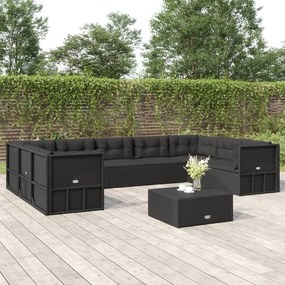 vidaXL 9 pcs conjunto lounge de jardim c/ almofadões vime PE preto