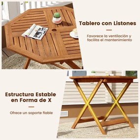 Mesa jardim de jantar em madeira maciça com orifício para guarda-sol 90 x 90 x 72 cm, tampo com ripas e acabamento em óleo de teca, para interior e ex