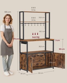 Armário de cozinha 40 x 80 x 170 cm com tomada e 8 ganchos, castanho vintage-Preto
