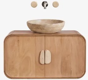 Conjunto De Móvel De Casa De Banho Suspenso 95x45 Cm Em Madeira De Manga E Pedra Natural Kivalina Travertino - Madeira De Mangueira & - Sklum