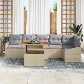 Conjunto de Sofá de Jardim 7 Peças com Almofadas Bege Vime Poliéster