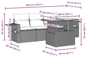 5 pcs conjunto sofás p/ jardim c/ almofadões vime PE castanho