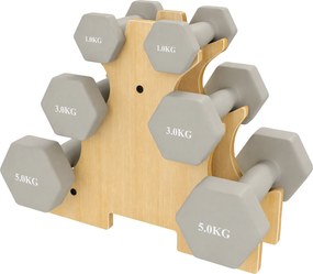 Conjunto de 3 Pares de Halteres Hexagonais, 31 x 9 x 28 cm, Suporte em Madeira, Cinzento-claro