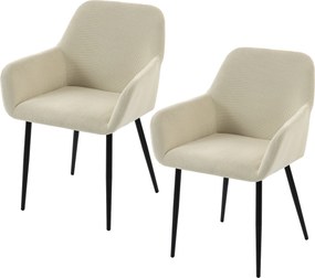 Conjunto de 2 cadeiras de sala de jantar e de cozinha, estofadas em veludo canelado, com braços e encosto, cor creme