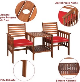 Conjunto de mesa e cadeira de 2 lugares em madeira de acácia para exterior com almofadas para pátio jardim castanho e vermelho