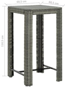 3 pcs conjunto de bar p/ jardim c/ almofadões vime PE cinzento