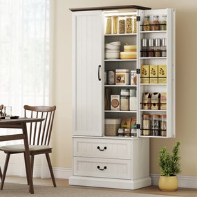 Armário alto de cozinha76 x 39,5 x 183 cm iluminação LED com sensor, 2 portas, gavetas e prateleiras ajustáveis, branco