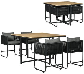 Outsunny Conjunto de Jardim de Vime Sintético 5 Peças com Mesa Quadrada e 4 Cadeiras Almofadas Preto e Madeira | Aosom Portugal