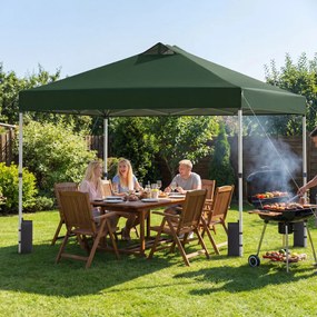 Tenda dobrável 3x3 m com 4 x Sacos de areia de montagem instantânea com 1 botão campismo, feiras, eventos e Saco com rodas Verde