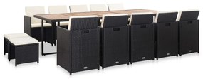 vidaXL 15 pcs conjunto jantar exterior com almofadões vime PE preto